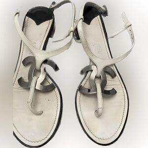 Chanel white silver logo sandals